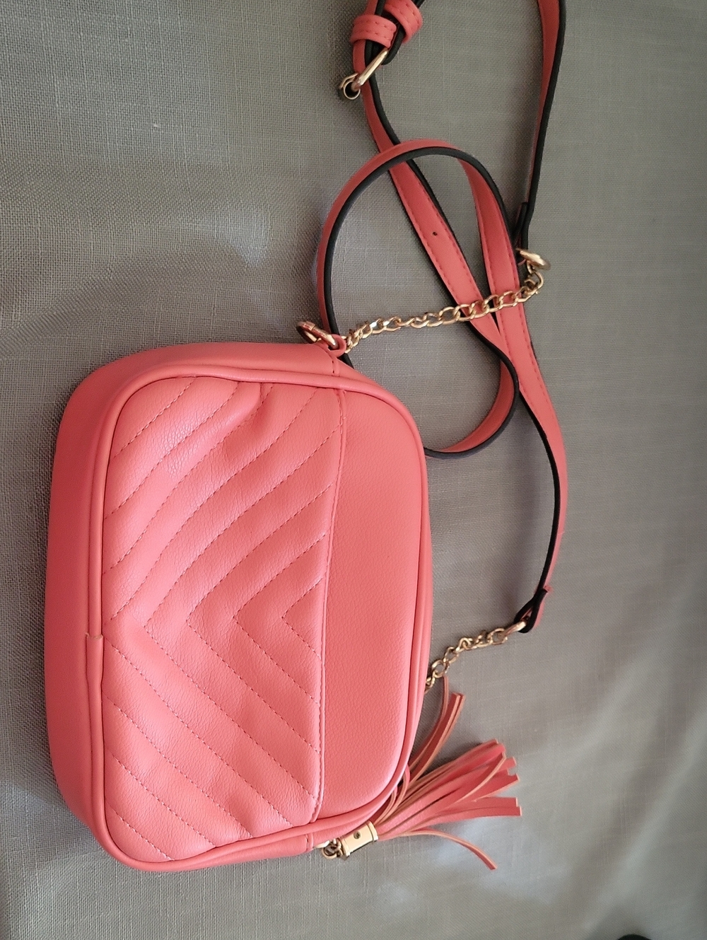 Amazon Coral Pink Crossbody Bag with Tassel and Gold Chain